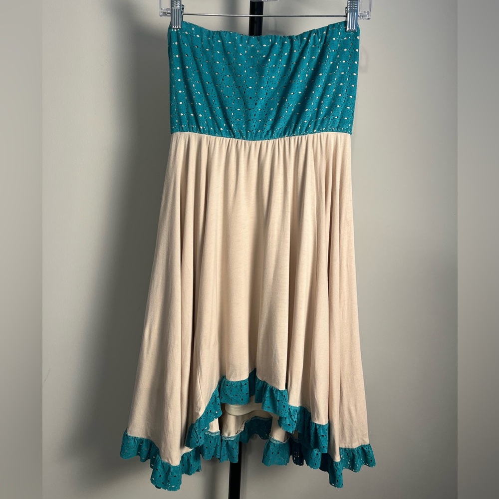 EUC Judith March Dress Teal and Cream Strapless Mini Small Boho Western Eyelet